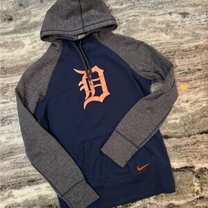 Nike Navy and Gray Raglan Hoodie with Orange Detroit Logo